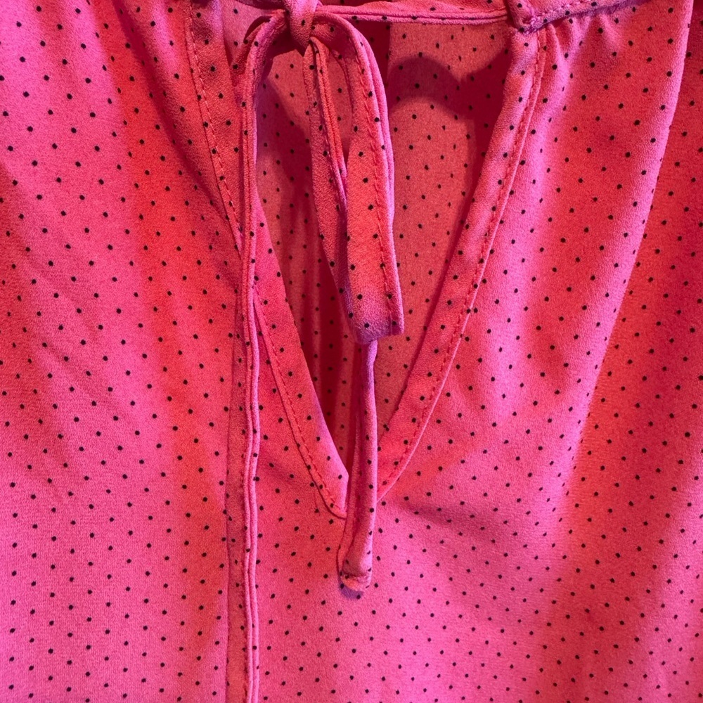 Tamara H Pink Black Dot Blouse Ruffle Cap Sleeve Neck Tie shirt Sz XL - Picture 5 of 11